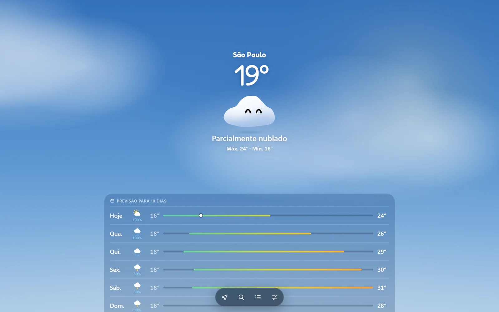 Climinha em São Paulo: 19°, parcialmente nublado, com a nuvem sorrindo e a previsão de 10 dias.