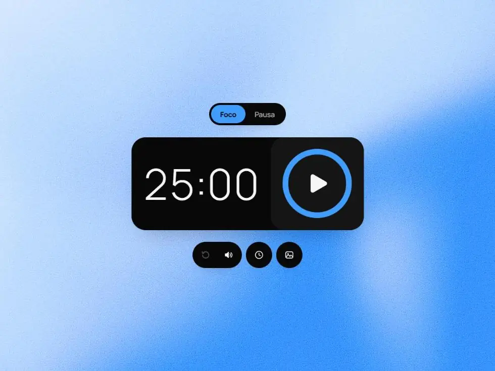 Pomodoro: 25:00 e o botão de iniciar em um card escuro, sobre um fundo em degradê azul.